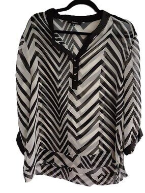 Kaktus Blouse Size XL Sheer Black/Cream colored Roll Tab Sleeve Button V-Neck